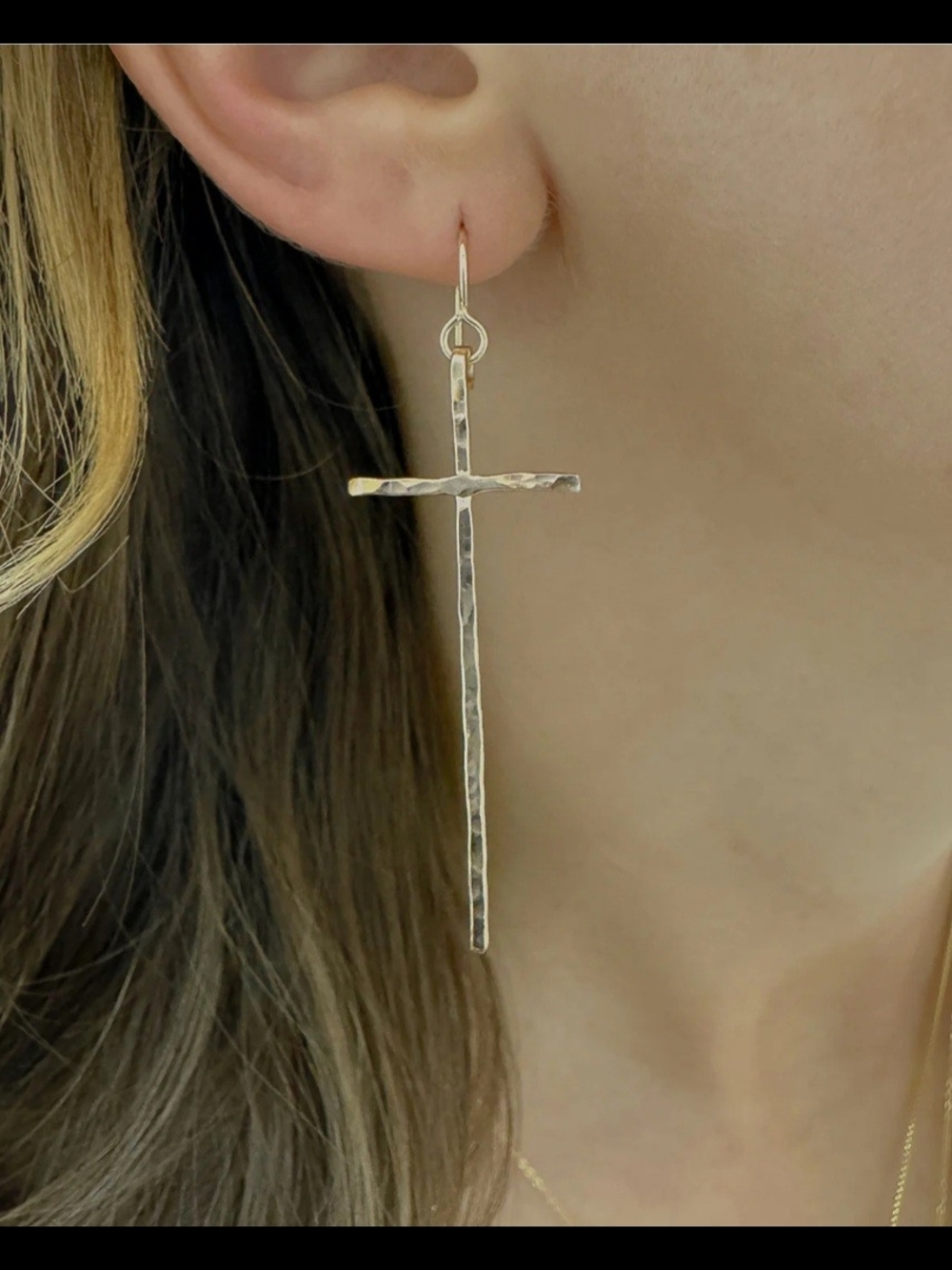 Hammered Cross Drop Earrings - 14K Gold Plated Brass